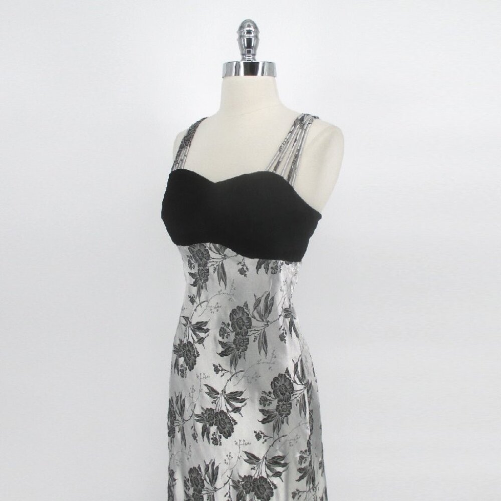 Vintage 90s Velvet Silver Jacquard Party Gown Dress XS - Picture 5 of 11